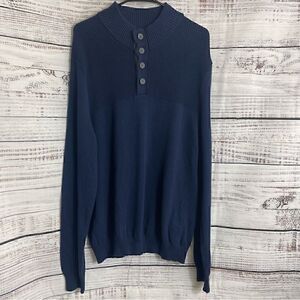 Club Room Sweater Mens Large Button Mock neck knit Cotton Navy blue New